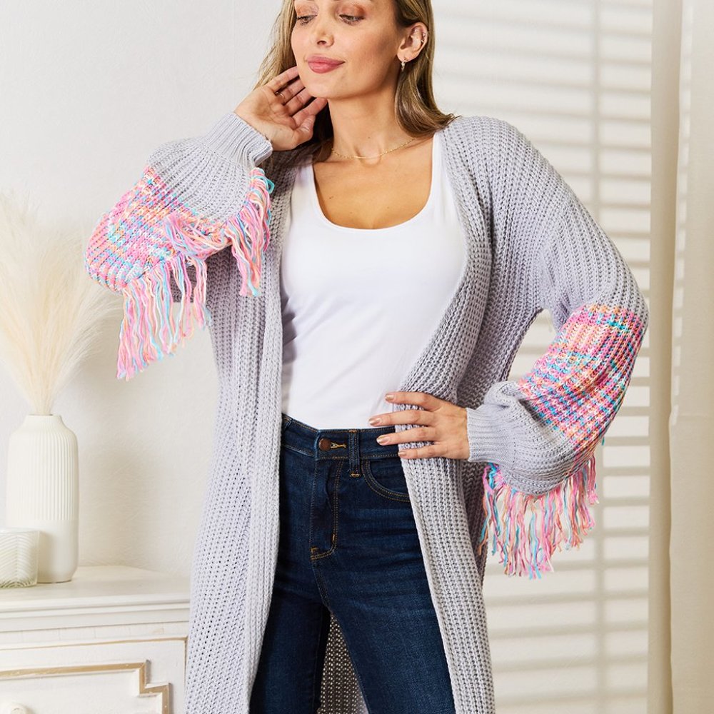 Woven Right Fringe Sleeve Dropped Shoulder Cardigan
